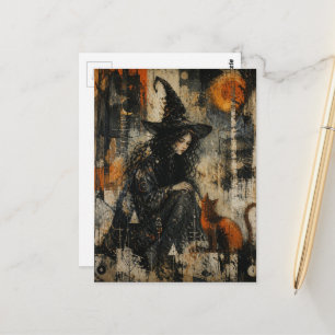 Carte Postale Une Belle Sorcière et son Chat Roux