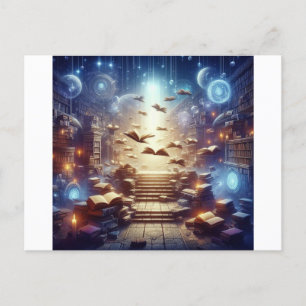 Carte Postale Une bibliothèque magique remplie de livres flottan