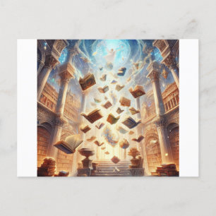 Carte Postale Une bibliothèque magique remplie de livres flottan