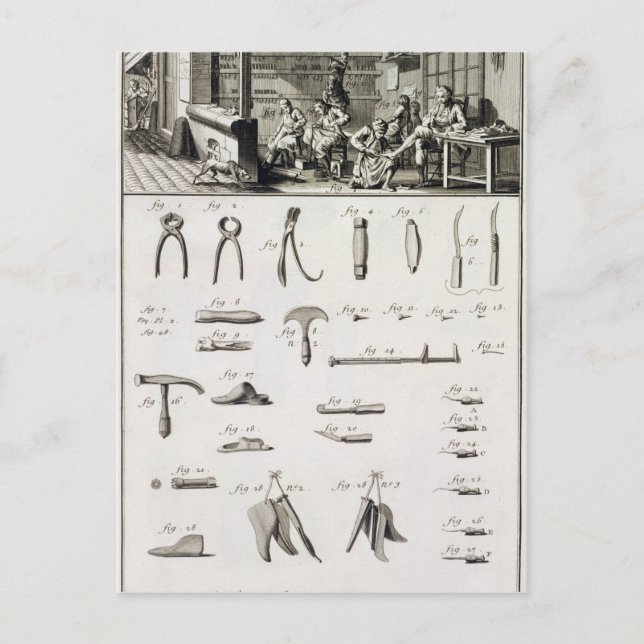Carte Postale Une chaussure et un bottier et leurs outils, de la (Devant)