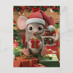 Carte Postale Une drôle de souris de Noël assise sur des cadeaux