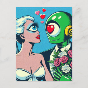 Carte Postale Une femme Alien et un robot vert dans l'amour