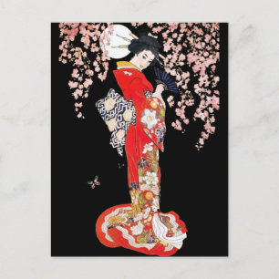 Carte Postale Une femme asiatique avec une nuit de fleurs de cer