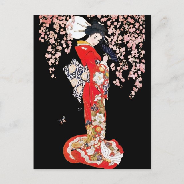 Carte Postale Une femme asiatique avec une nuit de fleurs de cer (Devant)