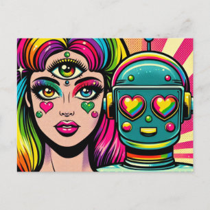 Carte Postale Une femme avec le troisième oeil et un robot