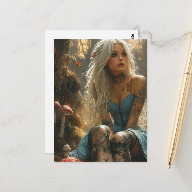 Carte Postale Une femme blonde dans la forêt des champignons (Devant/Arrière en situation)