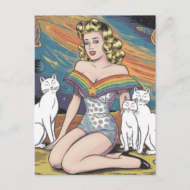 Carte Postale Une femme dans l'espace avec des chats blancs (Devant)