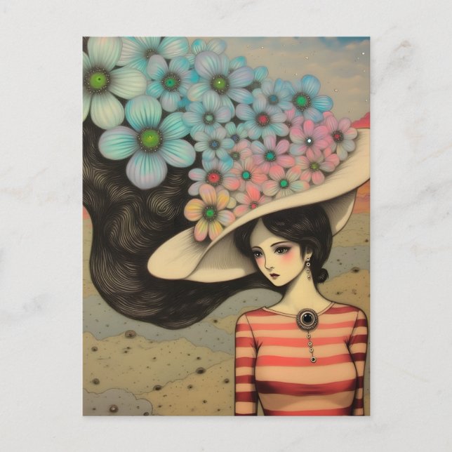 Carte Postale Une femme dans un Casquette floral (Devant)