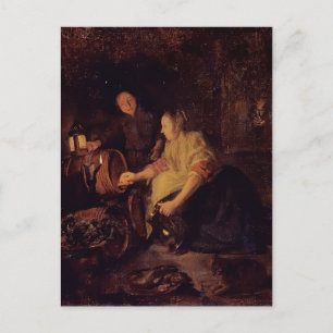 Carte Postale Une femme dessine du vin à partir d'un tonneau par