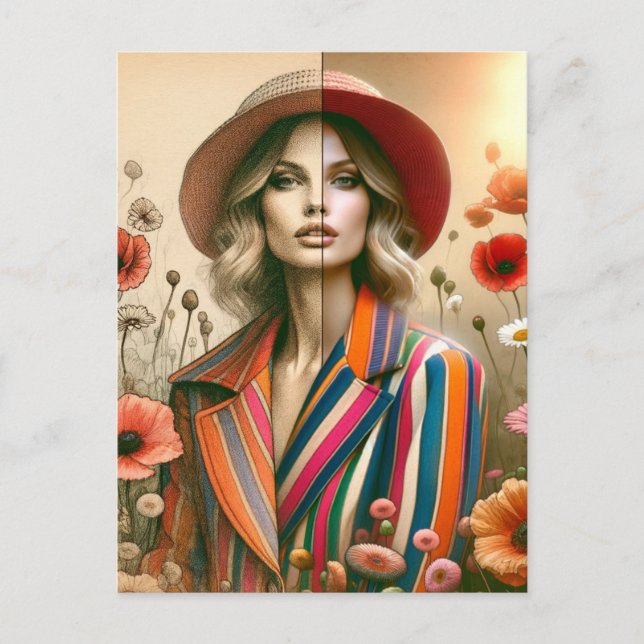Carte Postale Une femme Deux styles Stripes Dessin de mode (Devant)
