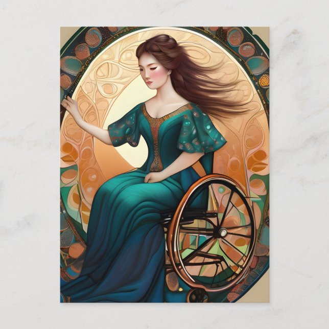 Carte Postale Une femme en fauteuil roulant danse joyeusement (Devant)