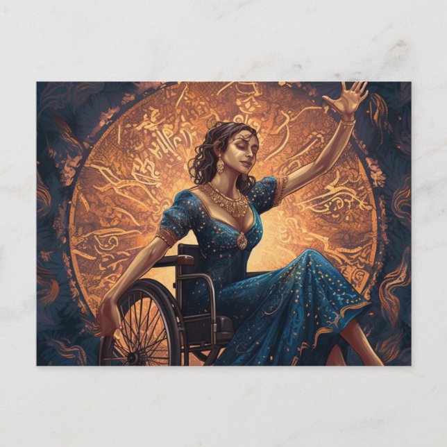 Carte Postale Une femme en fauteuil roulant danse joyeusement (Devant)