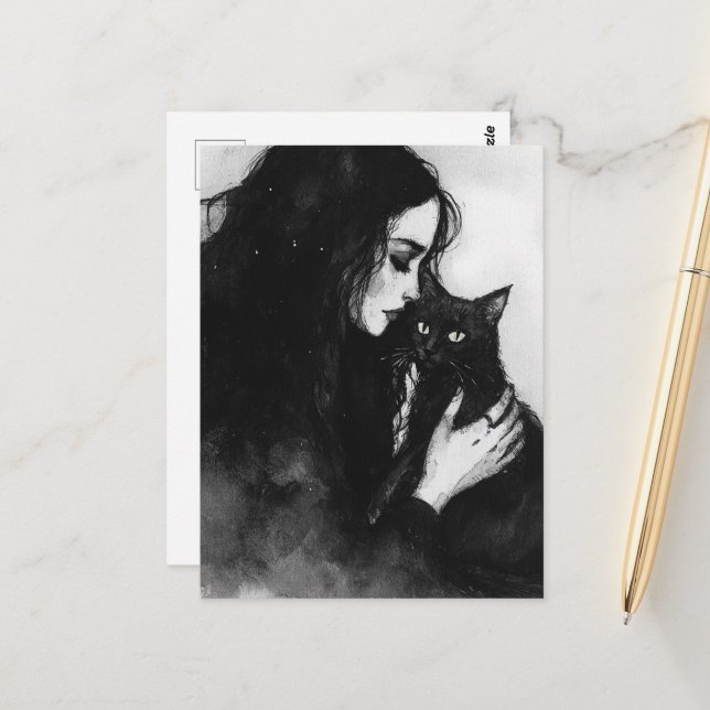 Carte Postale Une femme et son chat noir (Devant/Arrière en situation)