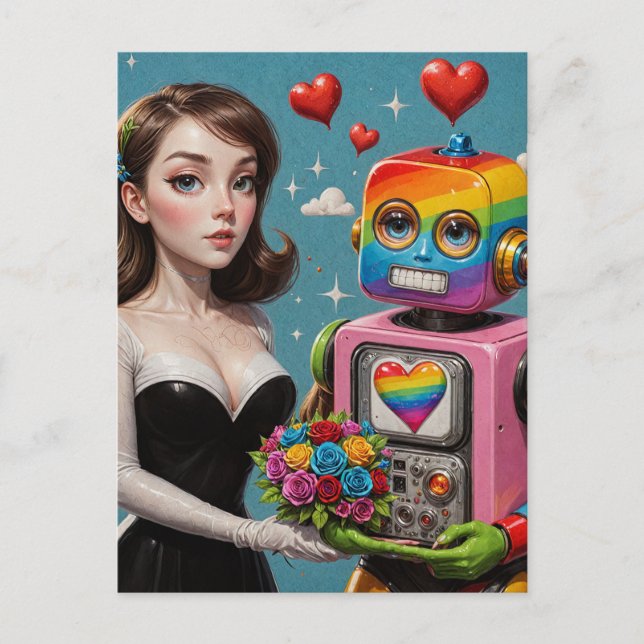 Carte Postale Une femme et un robot arc-en-ciel (Devant)