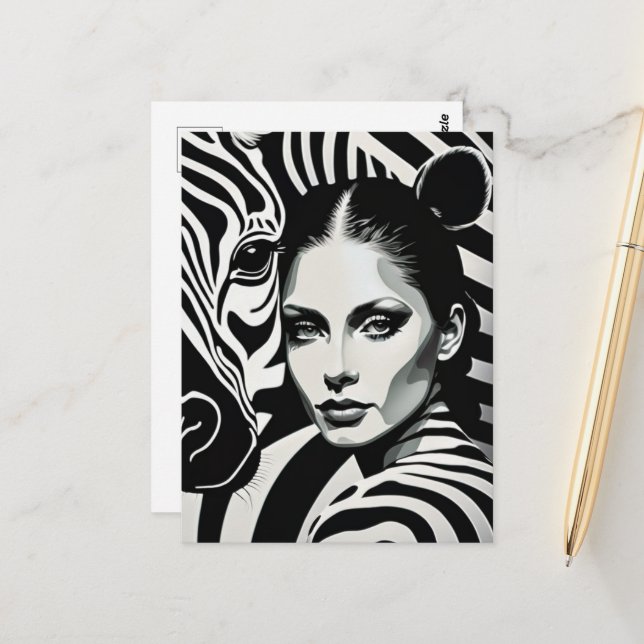 Carte Postale Une femme et un zèbre (Devant/Arrière en situation)