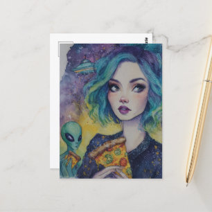 Carte Postale Une Femme Mange De La Pizza Avec Un Alien