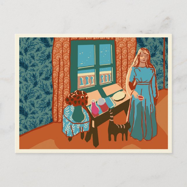 Carte Postale Une femme nourrit un chat dans une maison de plage (Devant)