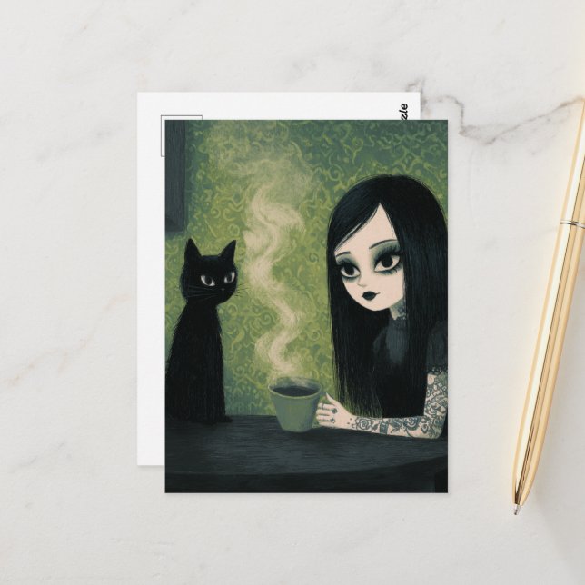 Carte Postale Une femme qui aime le café et son chat noir (Devant/Arrière en situation)