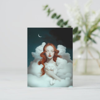Carte Postale Une femme rouge haïe tenant un chat dans les nuage