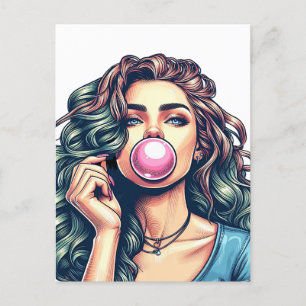 Carte Postale Une femme soufflant bulle gomme bulle art