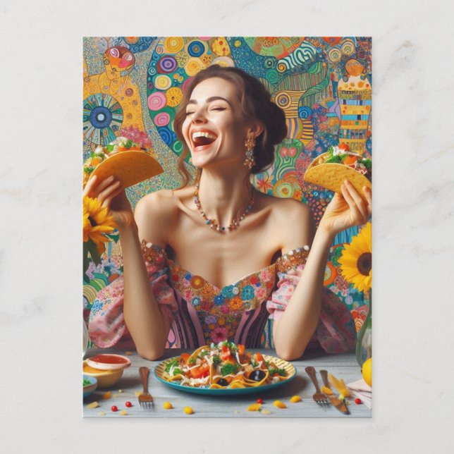 Carte Postale Une Femme Très Heureuse Avec Des Tacos (Devant)