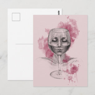 Carte Postale Une femme visage dans le verre de vin dessin surré