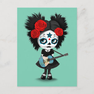 Carte Postale Une fille au crâne de sucre jouant Guitare du drap