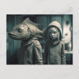 Carte Postale Une fille avec une tête de poisson et son ami