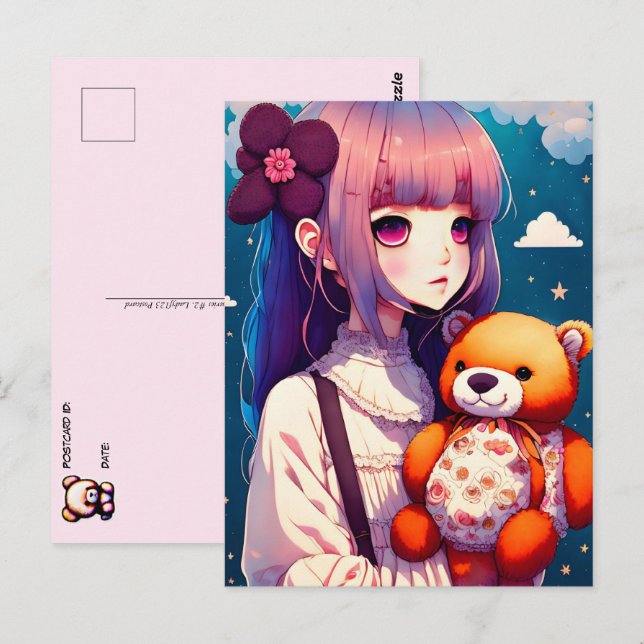 Carte Postale Une fille d'Anime avec un ours en peluche, poste (Devant / Derrière)