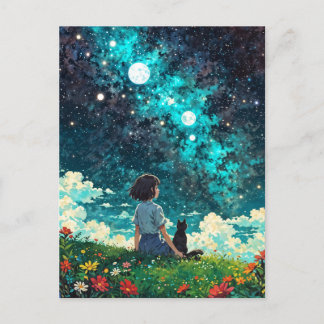 Carte Postale une fille et son chat s'assoient ensemble sur un t