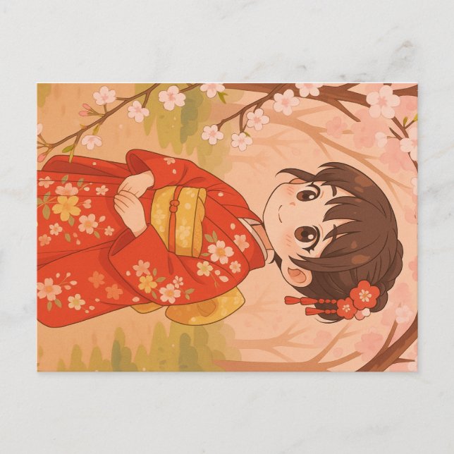 Carte Postale Une fille japonaise mignonne dans un jardin de fle (Devant)