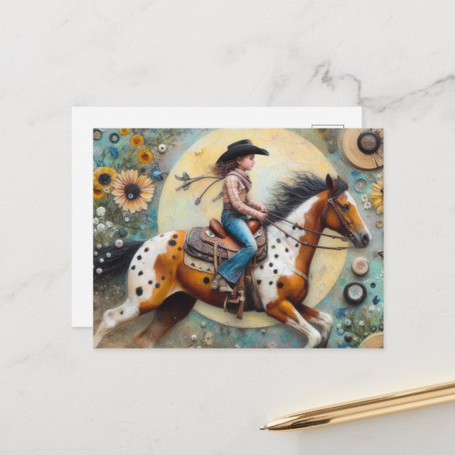Carte Postale Une fille sur un cheval Pintoloosa (Devant/Arrière en situation)