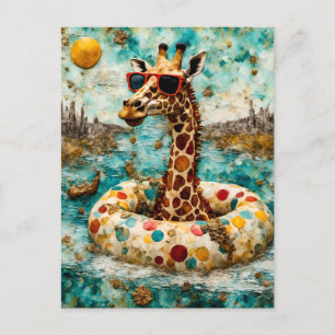 Carte Postale Une girafe en vacances dans une beigne flottante