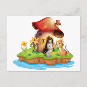 Carte Postale Une maison de champignons avec deux chats