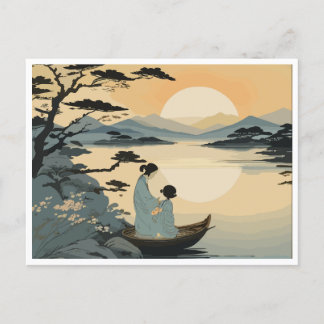 Carte Postale Une mère et un enfant embrassent le coucher du sol