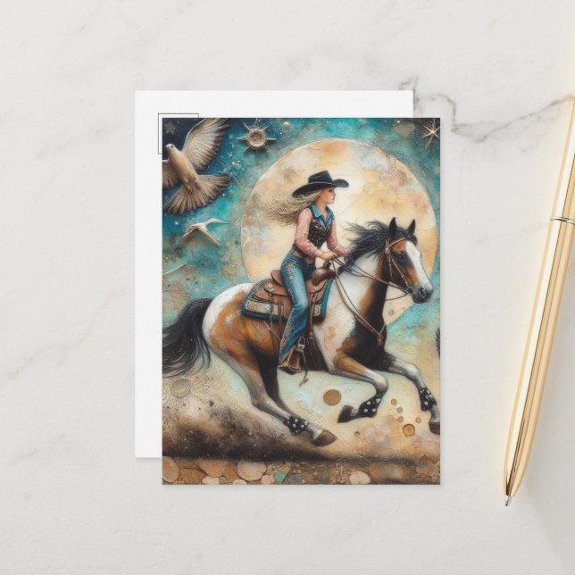 Carte Postale Une petite fille sur un cheval de Pinto (Devant/Arrière en situation)