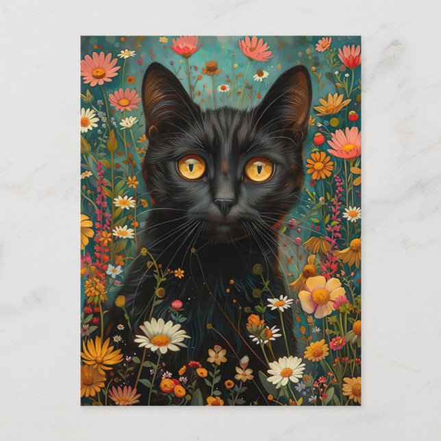 Carte Postale Une petite illustration de chat noir avec fleurs (Devant)