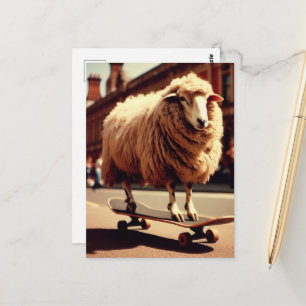 Carte Postale Une photo rétro d'un mouton blanc en skateboard