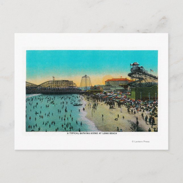 Carte Postale Une scène de baignade typique à Long Beach (Devant)