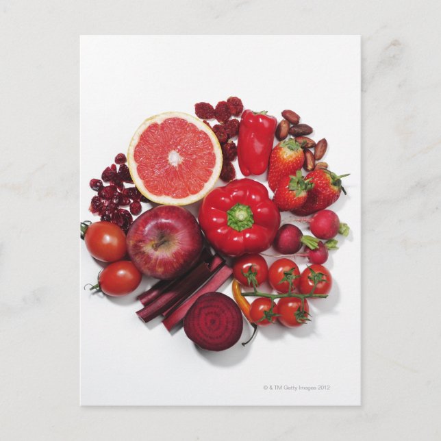 Carte Postale Une sélection de fruits et légumes rouges. (Devant)