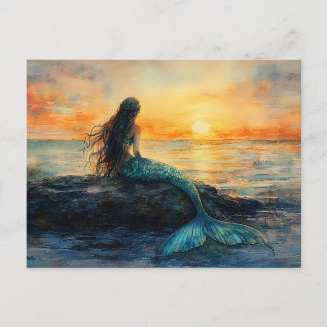 Carte Postale Une sirène regarde l'art du lever du soleil (Devant)