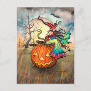 Carte Postale Une sorcière d'Halloween Citrouille géante