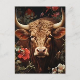 Carte Postale Une vache Brown dans les fleurs