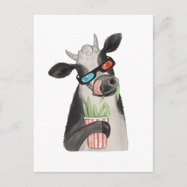 Carte Postale Une vache en lunettes 3D. (Devant)