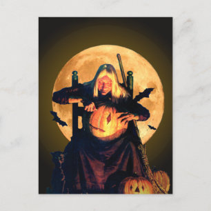 Carte Postale Une vieille sorcière caresse des Citrouilles pour 