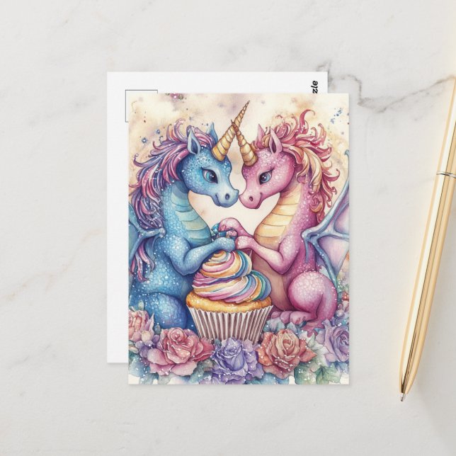 Carte Postale Unicorn Dragons With Cupcake and Flowers (Devant/Arrière en situation)