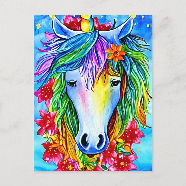 Carte Postale Unicorne Abstraite Fleurs de visage aquarelle Art (Devant)