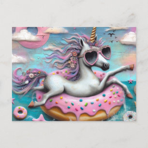 Carte Postale Unicorne adorable flottant sur une noix de Doughnu