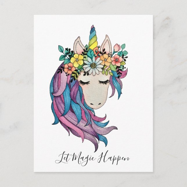 Carte Postale Unicorne Avec Fleurs Sauvages En Aquarelle (Devant)