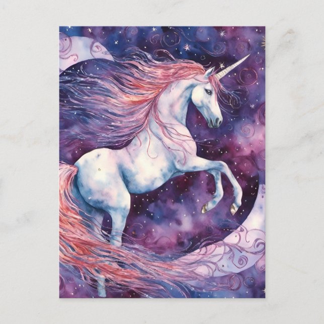 Carte Postale Unicorne avec la lune rose blanc violet (Devant)